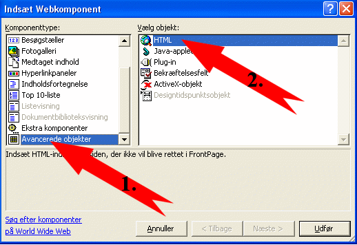 Klik på Avancerede objekter - og derefter på HTML i højre side