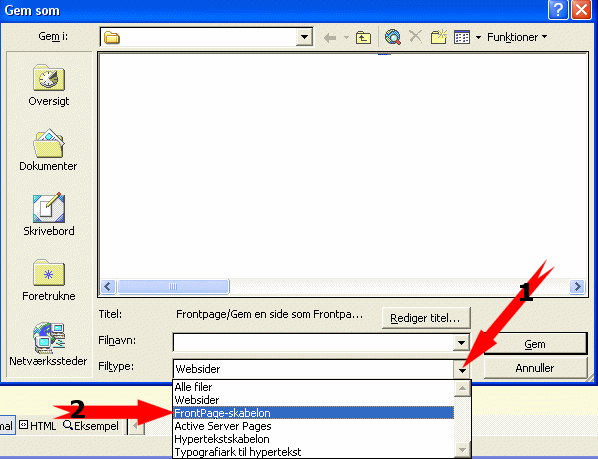 1.: Klik først på den lille pil - vælg FrontPage-skabelon