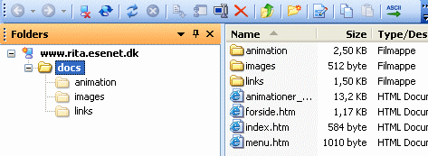 Når mappen docs er åben, ses roden af webstedet til højre på billedet