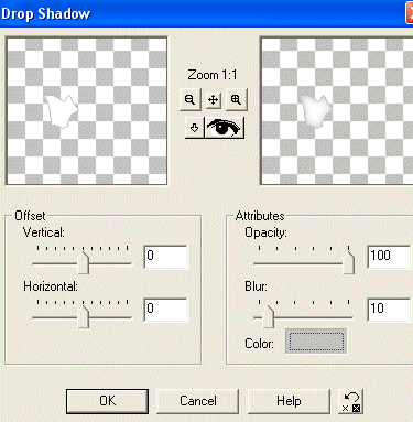 Klik på: Effects / 3D effects / Drop shadow, og brug disse indstillinger