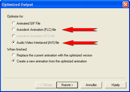 Vælg 'Autodesk Animation (FLC) file - ELLER - Audio Video Interlaced (AVI) file