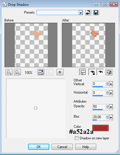 Klik på: Effects > 3D effects > Drop shadow, og brug disse indstillinger