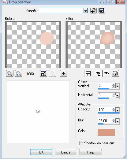 Klik på: Effects > 3D effects > Drop shadow, og brug disse indstillinger