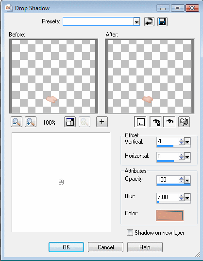 Klik på: Effects > 3D effects > Drop shadow, og brug disse indstillinger