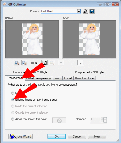 Fanen 'Transparency' er aktiv: Sæt et flueben ud for: Existing image or layer transparency.